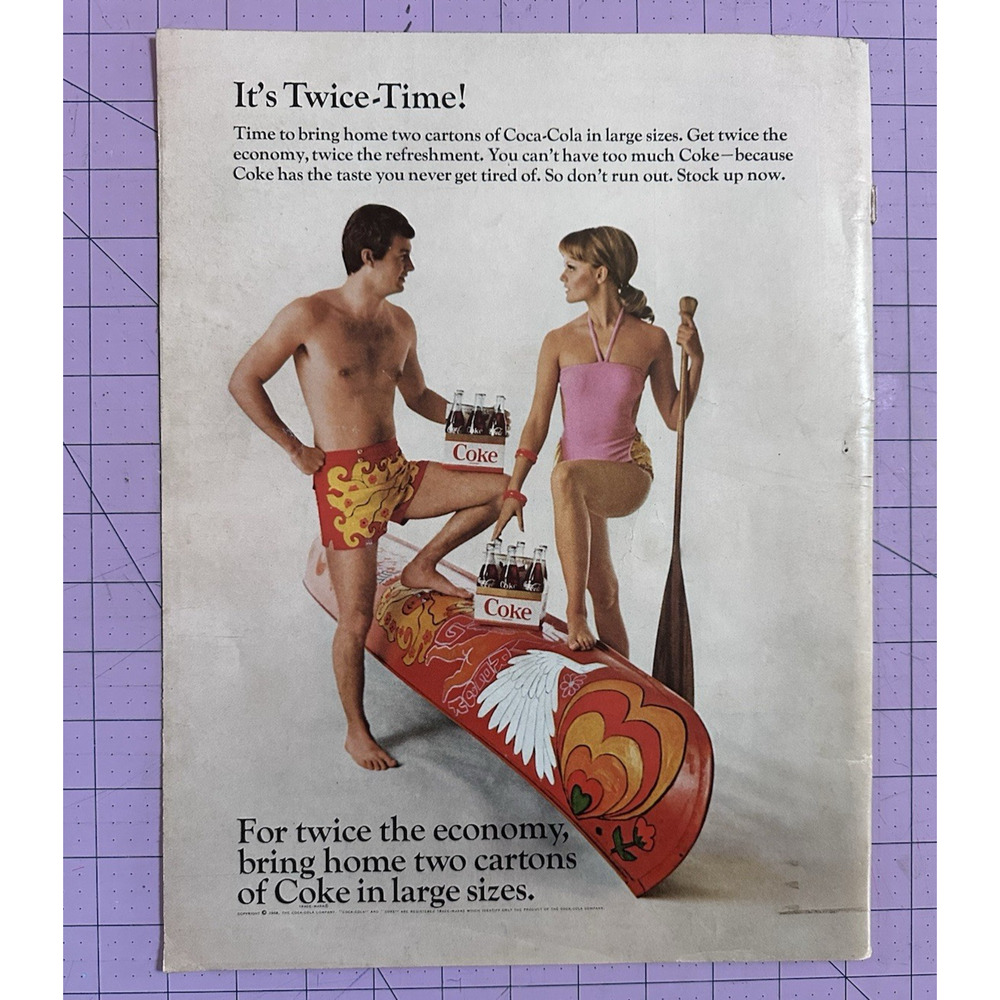 1968 VGT Coke Coca Cola Soda Original Magazine Ad It's Twice Time Canoe Couple